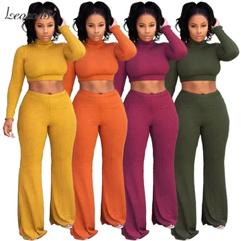 

Casual Women Two Piece Set Sweater Top And Pants Set Turtleneck Long Sleeve Crop Top Wide Leg Pants Elastic Waist Suit Outfits