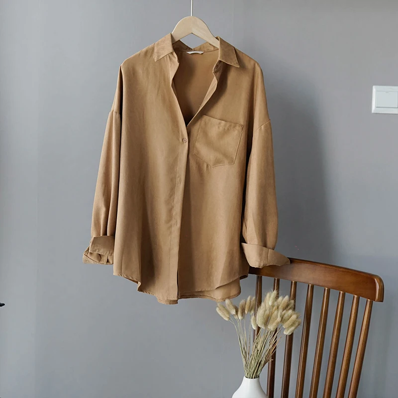 Зимняя женская блузка белая из искусственной замши с длинным рукавом рубашка в сдержанном стиле женская рубашка с отворотом уличная одежда