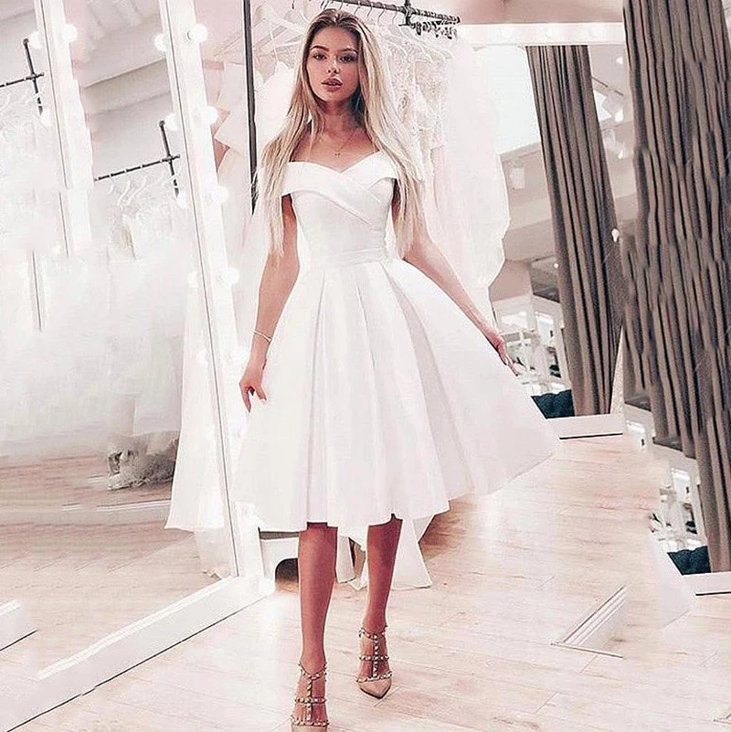 

Smart White Short Wedding Dresses For Bride 2019 Satin Off The Shoulder aline Princess Wedding Dresses robe de mariee courte