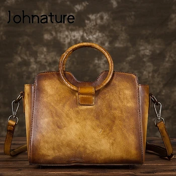 

Johnature Genuine Leather Casual Tote 2020 New Handmade Luxury Handbags Retro Cowhide Large Capacity Shoulder & Crossbody Bags