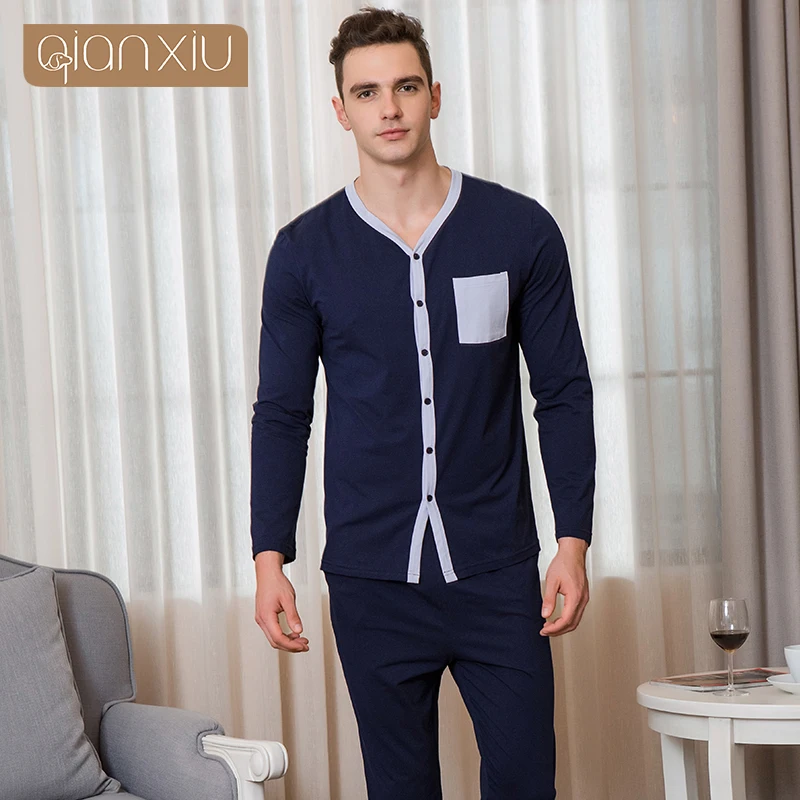 Men's Spring Autumn Cotton Dark Blue Pajamas Crew neck Long Sleeve Suit Home Suit Men's Pajamas Cardian Sleepwear Nightgown