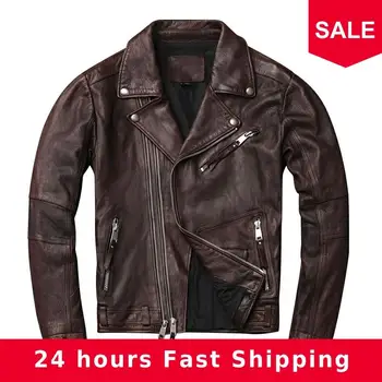 

2020 Dark Brown Men Slim Fit Motorcycle Leather Jacket Plus Size XXXXL Genuine Sheepskin American Biker's Leather Coat