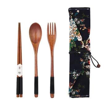 Portable Wood Tableware Wooden Cutlery Sets Travel Dinnerware Suit Environmental with Cloth Pack Gifts set