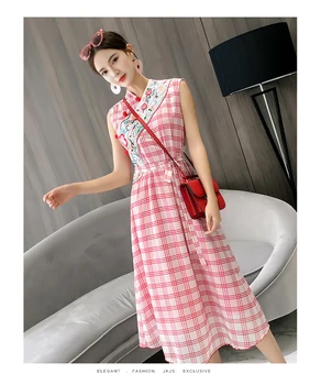 

Lattice Cheongsam Chinese Style Vintage Women's Clothes Modified Sleeveless Dress long dress