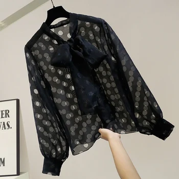 

Dot Shirt for Women Fashion Bowknot Lace Perspective Sexy Blouse Loose Long Sleeve Top Ladies Tops Blusas Mujer De Moda 2020