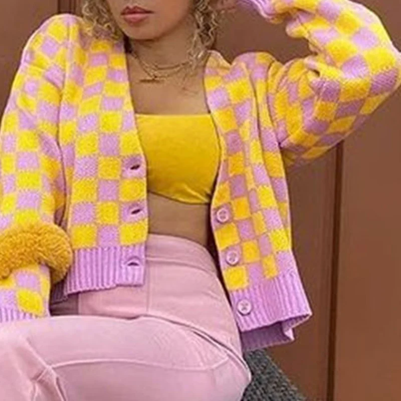Yellow Purple Plaid Knitted Cardigan 