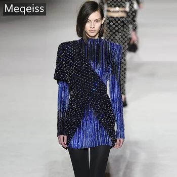 

2019 New Summer Women Dress Turtleneck Sequined Dress Sexy club Bodycon Elegant Celebrity Party Navy Dresses Vestidos Wholesale