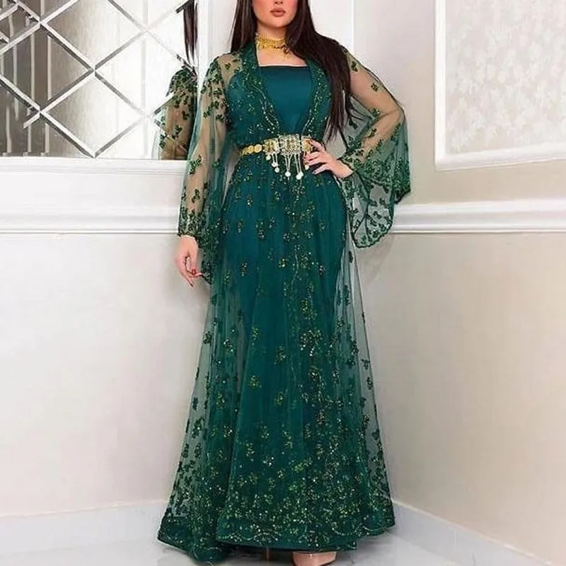 

Bling Bling Dark Green Evening Dresses Sequins Saudi Arabic Formal New Fashion Lady Prom Gown Flare Sleeves YSAN914