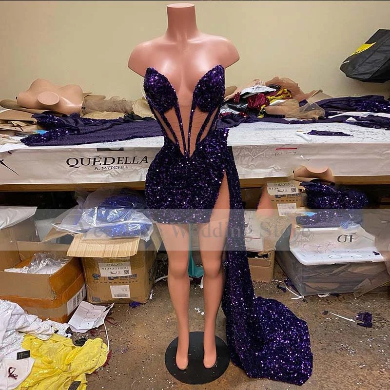 Sexy Sparkly Purple Sequin Prom Dress 2021 Custom Made African Black Girl Short Cocktail Party Gown sage green prom dress