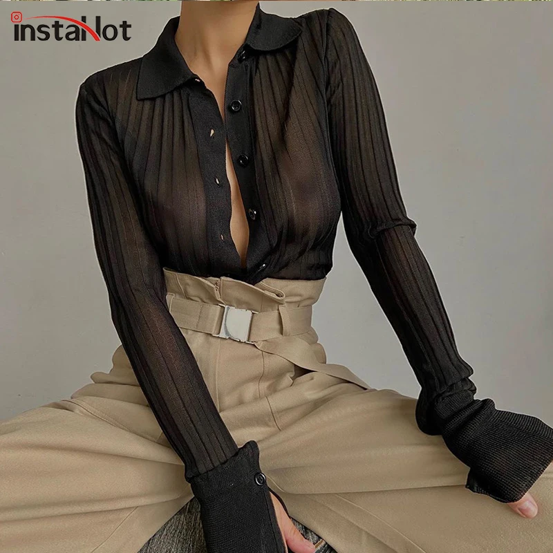 InstaHot Sexy Mesh Shirts Long Sleeve Transparent Turn Down Collar Solid Casual Streetwear Summer Office Lady Blouse Female Top