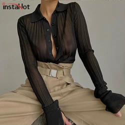 InstaHot – chemises à manches longues en maille transparente, col rabattu, couleur unie, Streetwear décontracté, chemisier pour femme de bureau, été 