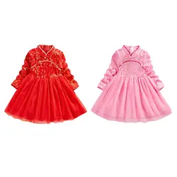 2019 г., осенний костюм с длинными рукавами с вышивкой и цветочным принтом для маленьких девочек, платье, ацетатное волокно, сетка, Hanfu, удобное