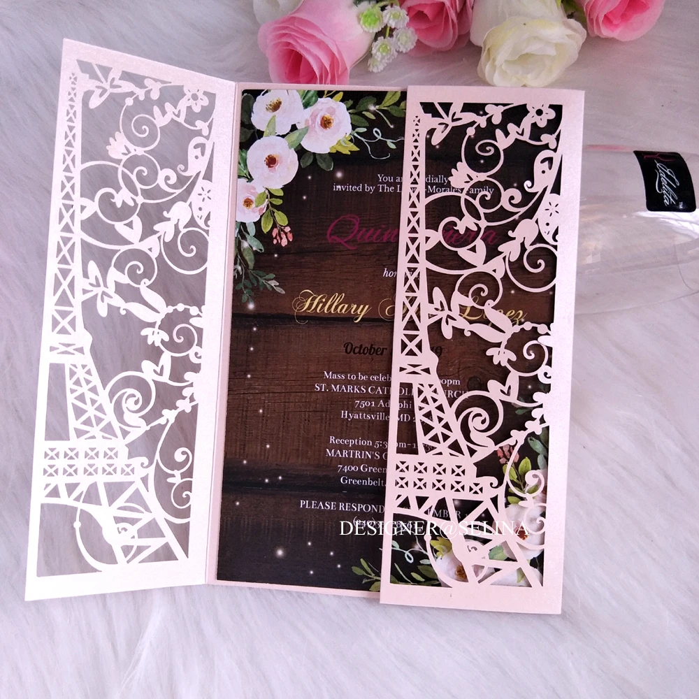 50PC Blush Tower Laser Cut Wedding Invitations with Burgundy Ribbon Hollow Invitation Card for Quinceanera Bridal Shower Invites