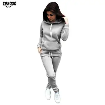 

Women Casual Hooded Neck long Sleeve Solid Hoodies Ankle Length Pocket Pullover Pants Sweater Set Mid Waist