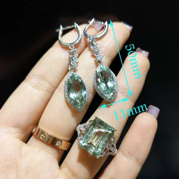 

Y B O- Long earring and ring with natural green gemstone nice jewelry set for party and birthday lucky jewelry