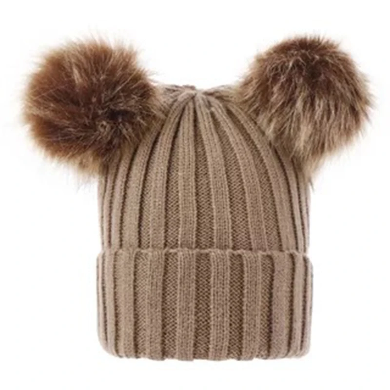 Double ball Повседневные Зимние трикотажные шапки модные родитель-Детские шапочки милая детская зимняя шапка двойная шапка с меховым помпоном теплая шапка для новорожденного - Цвет: Double ball
