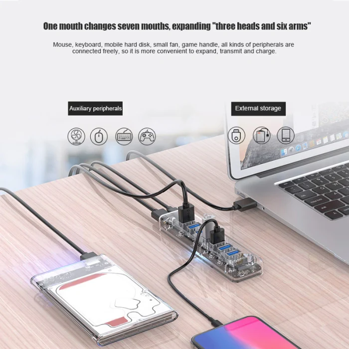 7-портовый прозрачный Настольный концентратор USB3.0 жесткий диск для ноутбука преобразователя One Drag Four расширитель FKU66