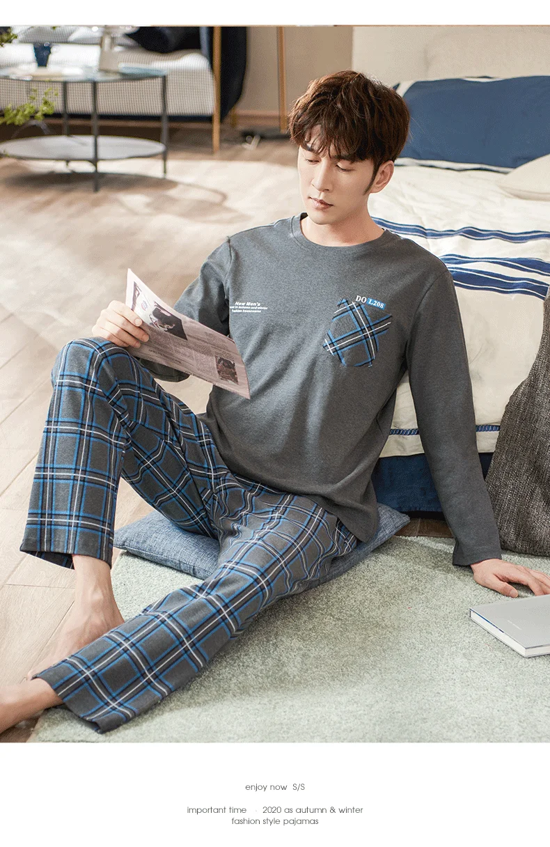 pajama pants men's Men Hedging Pajamas Set Full Pure Cotton Male Long-sleeved Autumn Winter Pyjama Loose Men Home Set Plaid Sleepwear Tops + Pants black silk pajamas