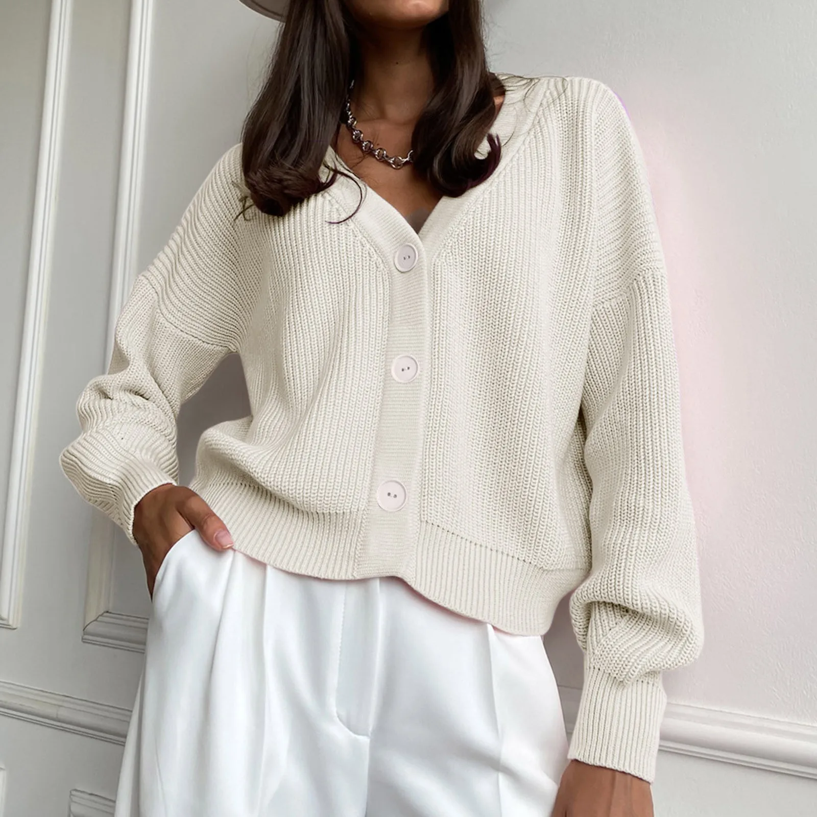 2021 New Women Knitted Cardigans Sweater Fashion Autumn Long Sleeve Loose Coat Casual Button V Neck Solid Color Female Tops #4 1