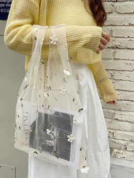 

2020 Female Flower Embroidery Shopping Bag foldable Organzer Casual Tote Mesh High-capacity Reusable Hand Bag for Woman Handbags