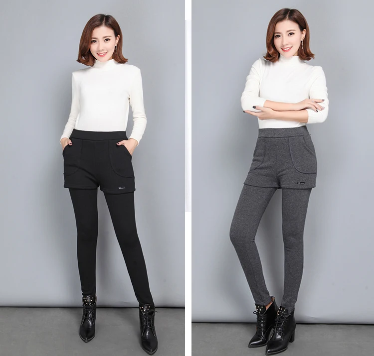 Oladivi Plus Size Women Faux Two Piecs Stretch Velvet Pencil Pants Winter Warm Basic Trousers Skinny Fitness Leggings Caprics
