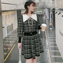 Two Piece Set Women Cute White Collar Bows Black Plaid Tweed Knitted Cardigan Jacket and Pleated Mini Skirt Outfit Suit Set
