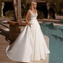 Boho Vestido De Noiva Elegant Trouwjurken A-Lijn V-hals Satijn Kant Applicaties Plus Size Wedding Gown Bridal Jurken