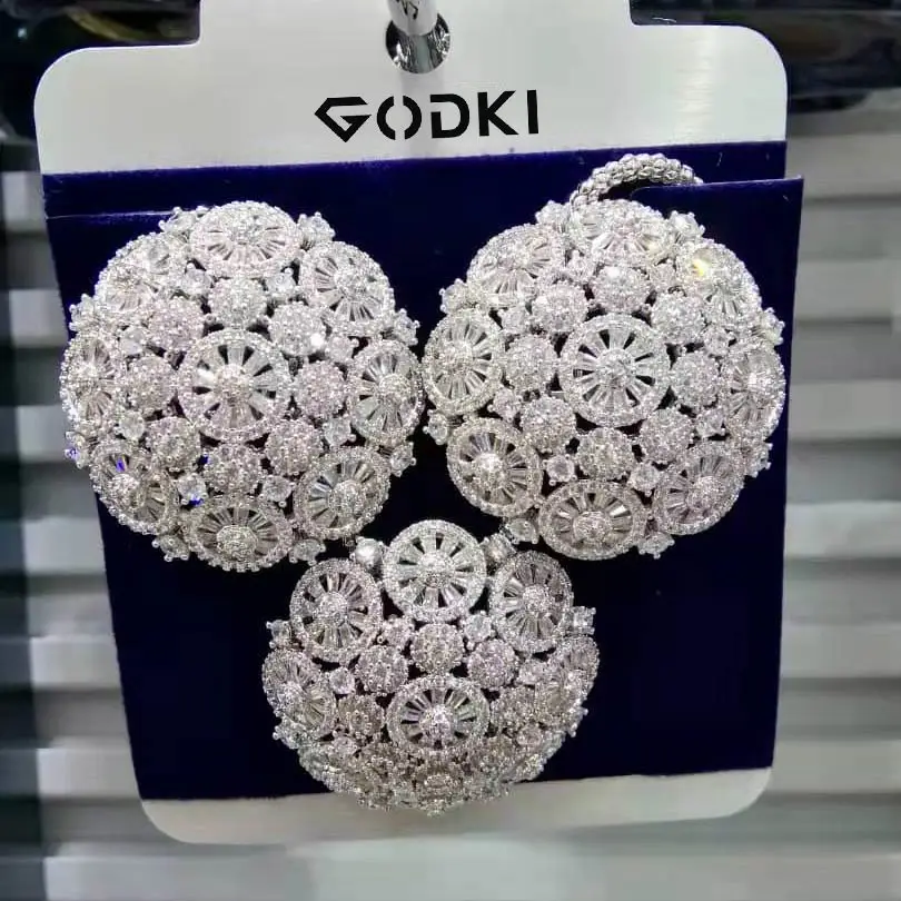 

GODKI 35MM 3 Tone Floral Flower Geometry Fashion Luxury Super AAA Cubic Zirconia Women Engagement Earring Necklace Jewelry Set
