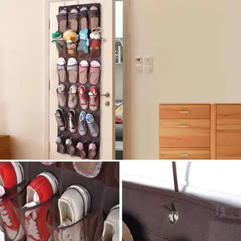 

24 Pockets Useful Hanging Over Door Holder Shoes Nonwoven Fabric Mesh Organizer Storage Wall Closet Bag - Brown organizador