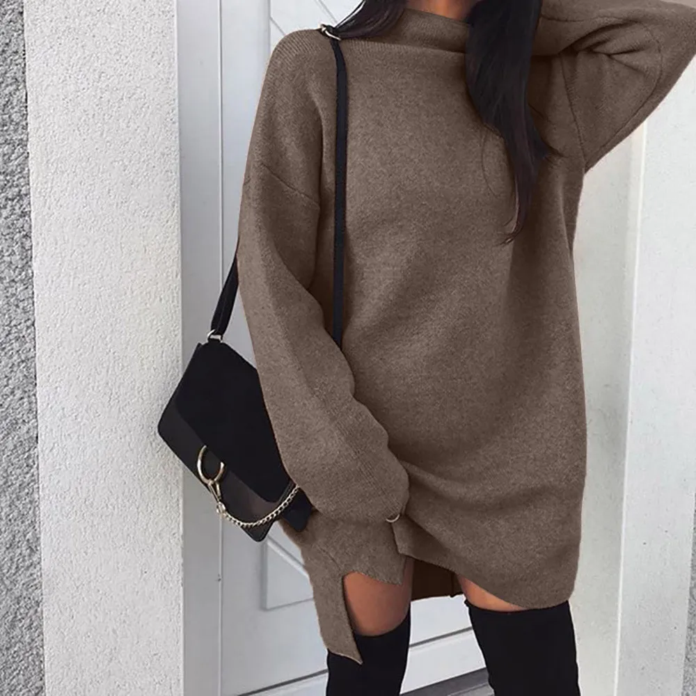 

Casual Turtleneck Shirt Dress Women Long Lantern Sleeve Turtleneck Solid Color Mini Dresses Women Loose Autumn Dress #15