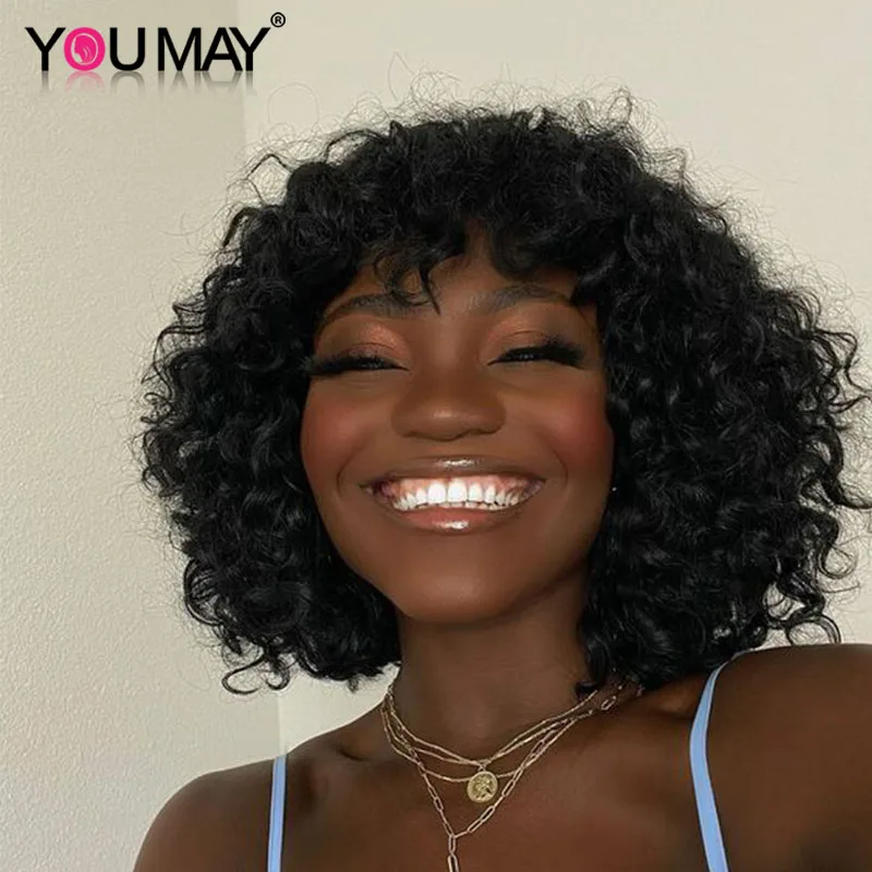 Curly Human Hair Wigs With Bangs Short Bob Lace Front For Women 180 Density 4x4 Closure Deep Wave You May Outlets Remy | Шиньоны и
