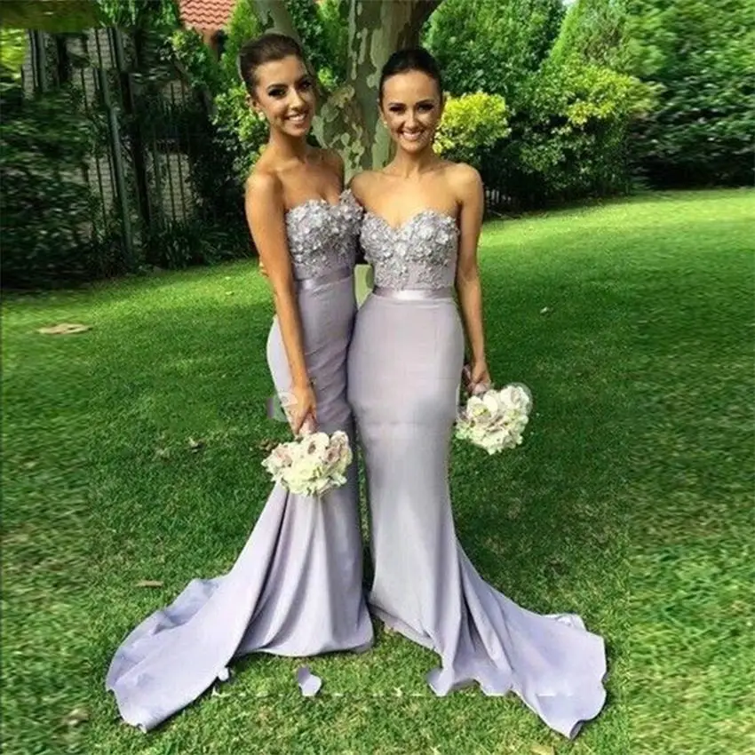 

Simple Elegant Long Mermaid Bridesmaid Dresses Sleeveless Sweetheart Lace Flower Sweep Strain Formal Bridesmaids Party Gowns