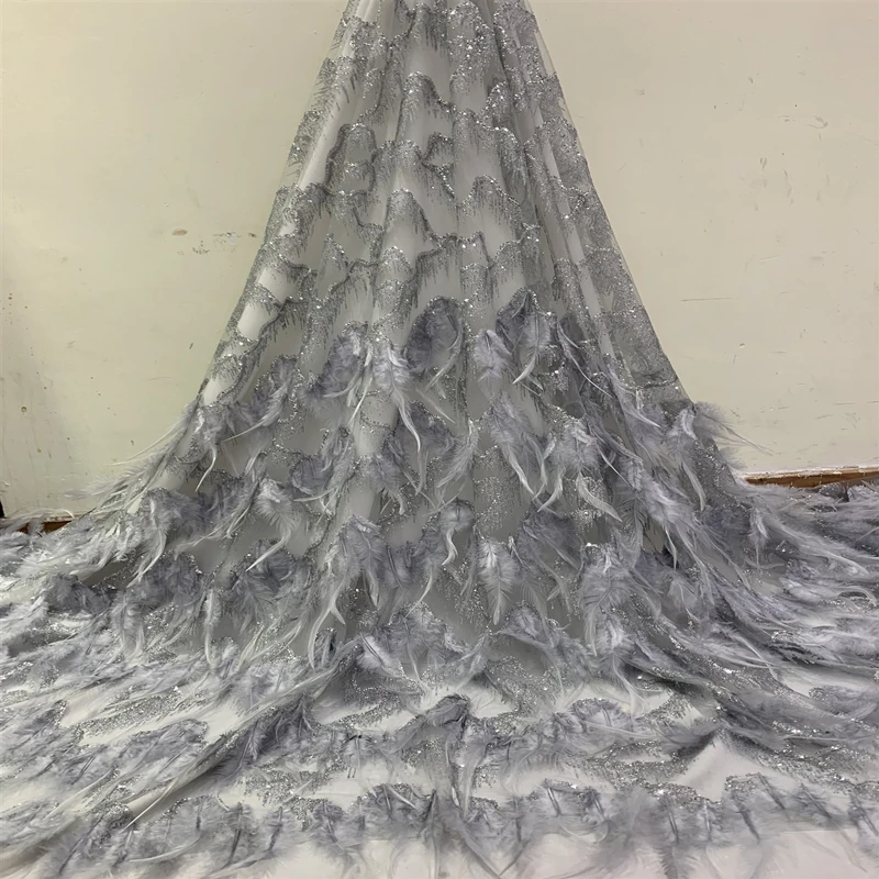

High Quality Newest Feather Embroidery African Lace Fabric Gold Silver Nigerian 3D Tulle Mesh Lace Fabric for Wedding Dress