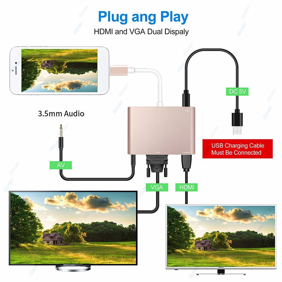 4 в 1 для Lightning-HDMI VGA AV адаптер конвертер Plug and Play 1080p HD цифровой видео аудио адаптер для iPhone X 8 7 Plus