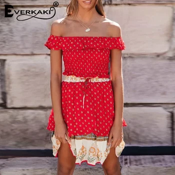 

Everkaki Boho Print 2 Pieces Suits Sets Women Summer Off Shoulder Top and Elastic Skirt Sets Suits Gypsy Female 2020 Spring New