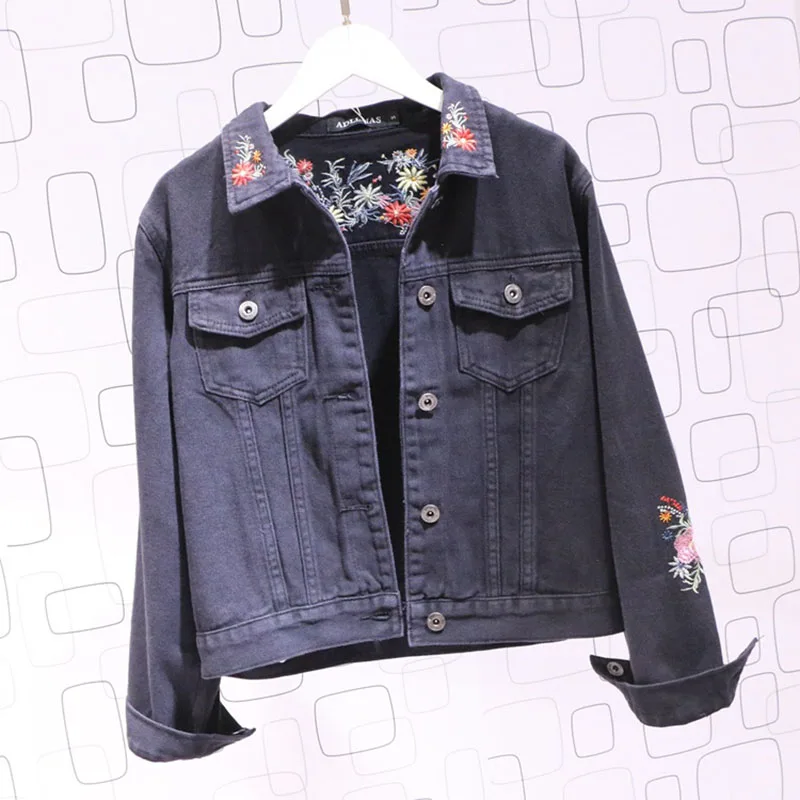 

Plus size Slim Harajuku Vintage Flowers embroidery Short Autumn Jeans jacket Women Streetwear Ropa de mujer Casual Denim jacket