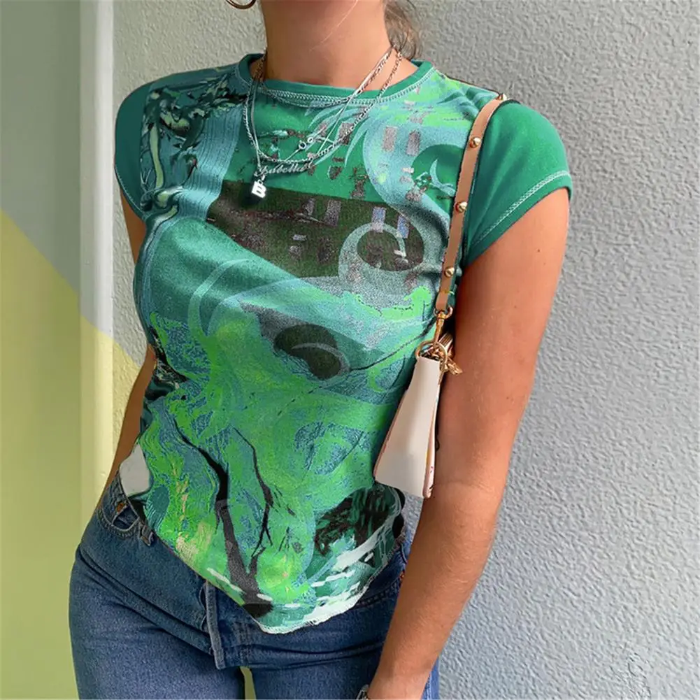 Y2K Sexy Crop Top Colored Print Round Neck Short Sleeved T Shirt Casual Summer Short Tee O Neck Regular Top Skinny Clothing 1