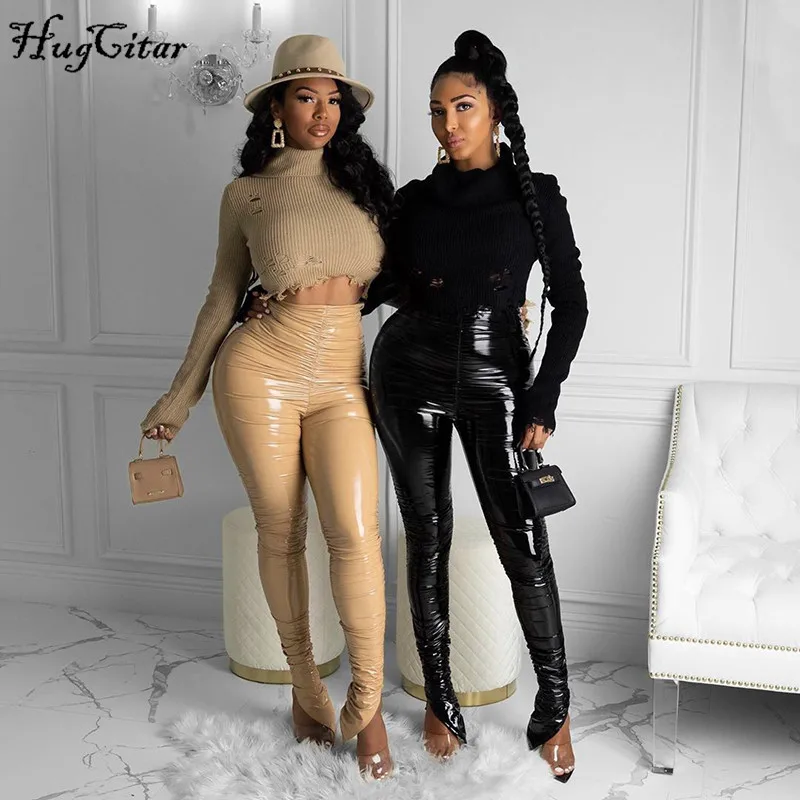 

Hugcitar 2020 Pu Leather High Waist Stacked Pants Autumn Winter Women Fashion Streetwear Outfits Club Trousers