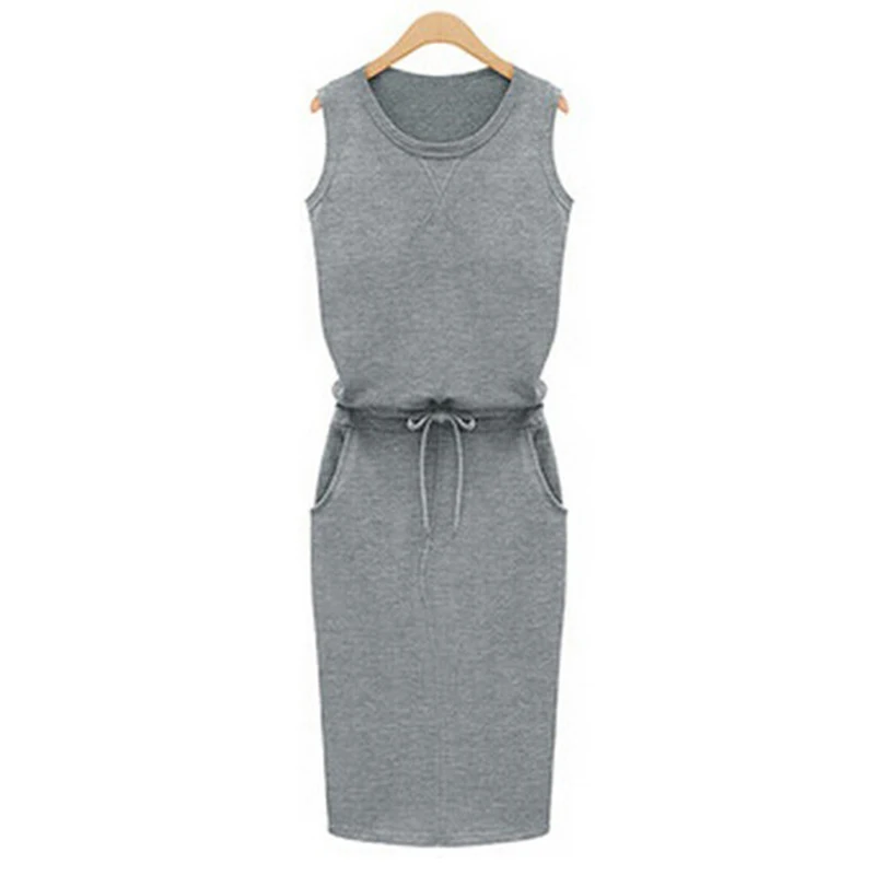 Летнее Повседневное платье для женщин, без рукавов, хлопок, облегающее платье-карандаш, сексуальное платье для работы, офиса, облегающее платье с карманами J2218 - Цвет: grey