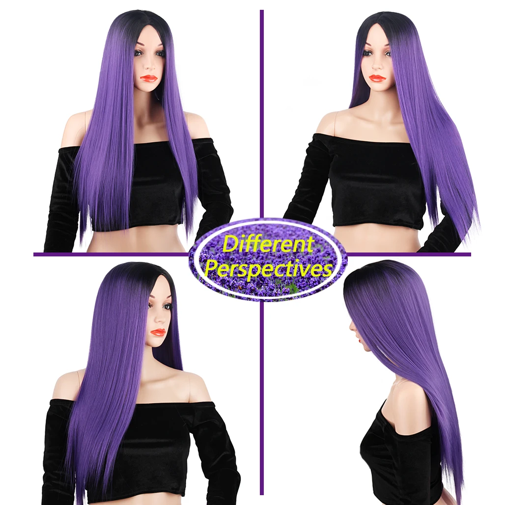 LiangMo длинные прямые волосы синтетический передний кружевной парик фиолетовый афроамериканский черный женский прическа