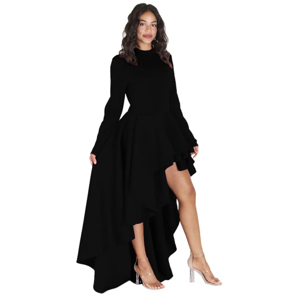 2109 элегантное женское платье с длинным рукавом и высокой низкой баской, Длинное Пышное Платье бодикон, повседневное вечернее Клубное платье с слоем листьев лотоса - Цвет: Black