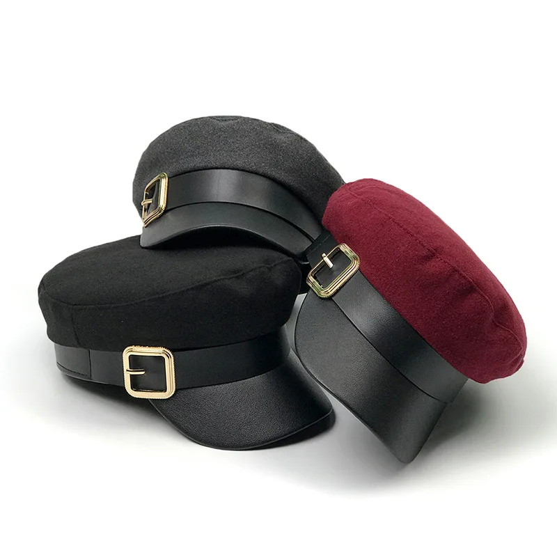 YOYOCORN Buckle Autumn Winter Fashion Wool Pu Leather Patchwork Newsboy Caps With Belt Female Gorras Women Black Military Hats