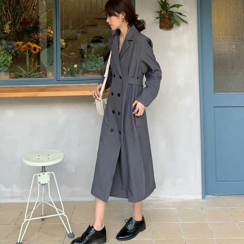 One-Piece Overcoat Dresses For Female 2020 Autumn New Korean Slim Double Breasted Waist Long Sleeves Windbreaker Jacket Women