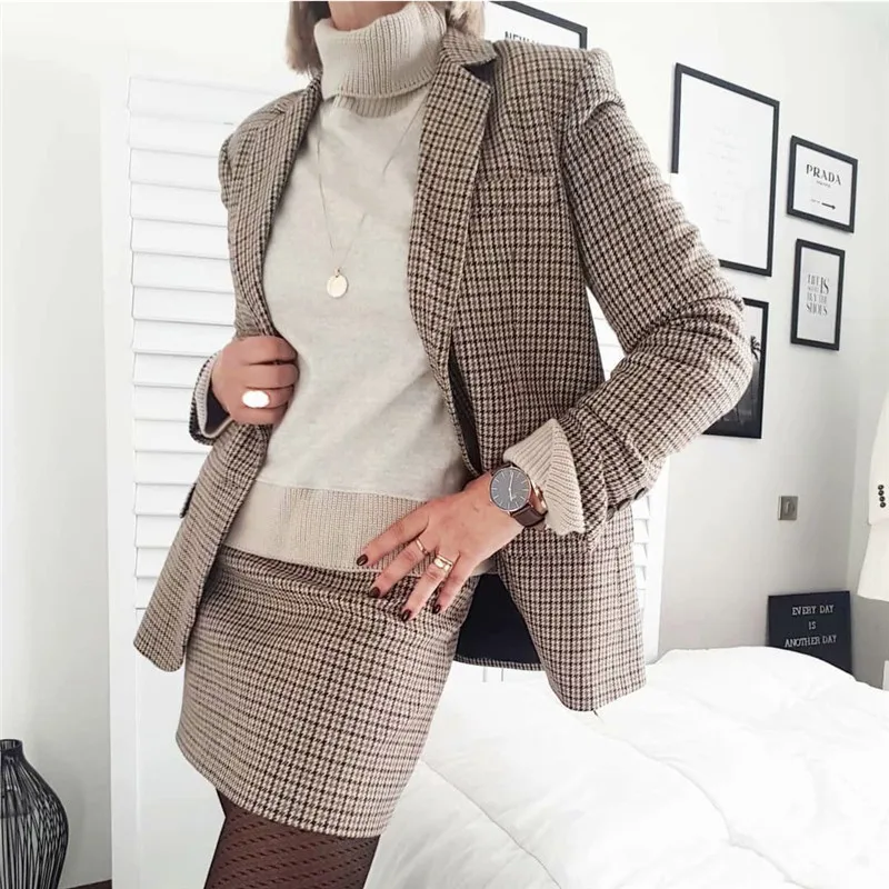 

Women plaid Suit Casual Blazer High Waist Skirt Office Lady Notched Jacket Skirt Suits Europe Femme 2 pieces set