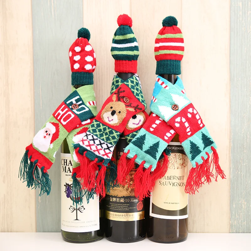 Рождественские украшения для дома, Санта Клаус, крышка для бутылки вина, комплект одежды, шапка, шарф, декор стола,, Navidad, подарки на год
