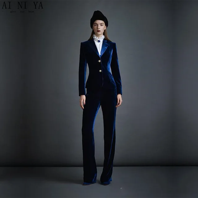 

Dark Blue Velvet Women's Business Suits Formal Office Pant Suits Female Work Wear 2 Piece Sets Slim Fit Uniform Designs Blazers