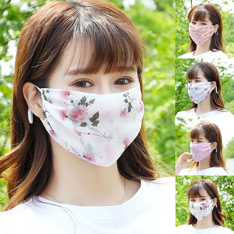Adjustable Chiffon Masks Thin Section Summer Ear Buckle Breathable Sunshade Floral Mouth Masks Women Elegant Mouth-muffle Covers