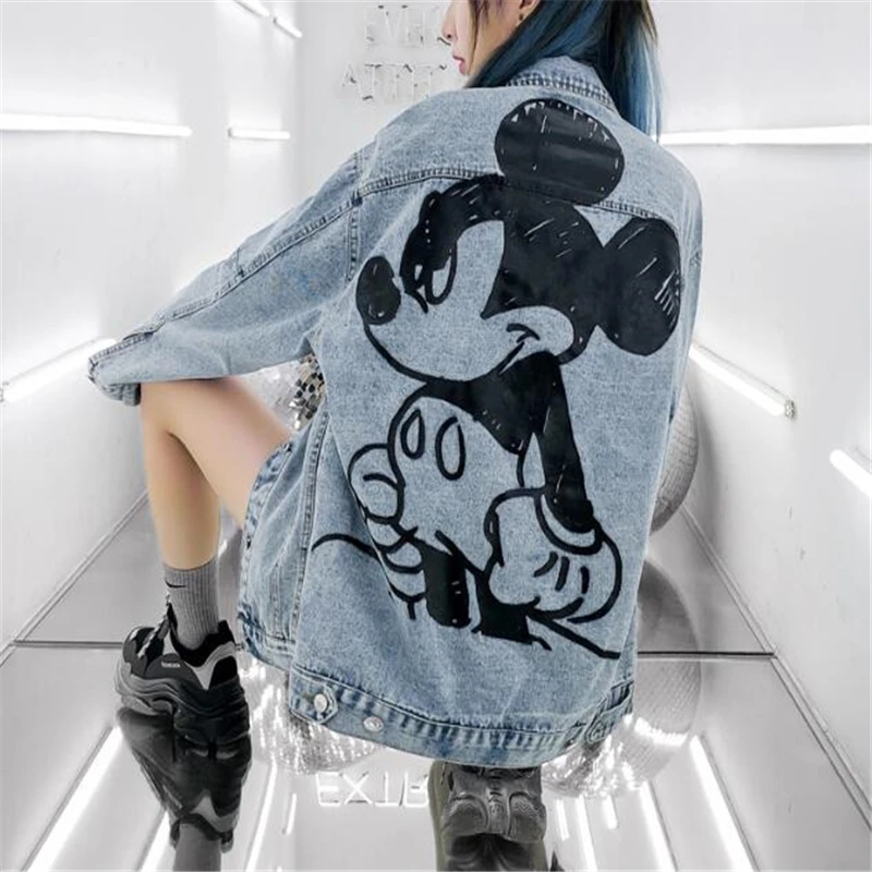 Disney abrigos de Mickey Mouse para mujer, chaqueta informal de gran tamaño, prendas de vestir holgadas con grafiti de dibujos animados, ropa de mujer, chaquetas vaqueros de Dama|Caquetas de punto| -