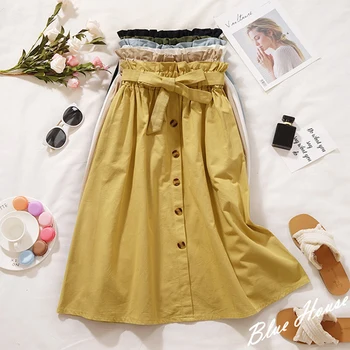 

Summer Autumn Skirts Womens 2020 Midi Knee Length Korean Elegant Button High Waist Skirt Female Pleated School Skirt