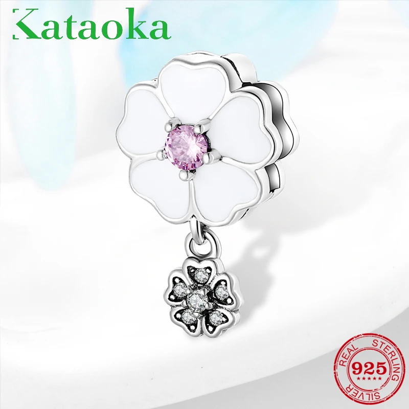 Сказочный красивый белый браслет dahlia с розовой эмалью серебряные бусины 925 пробы